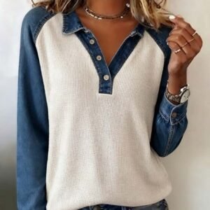 Waffle knit long sleeve top for women with contrast sleeves