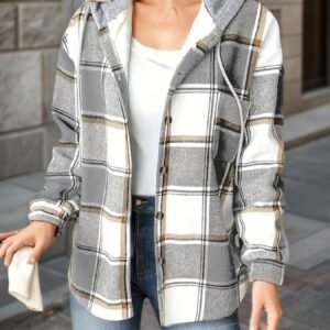 plaid hooded jacket for women in grey