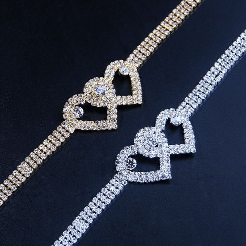 double heart rhinestone anklet bracelet on women's