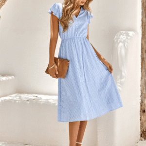 v neck summer dress with ruffle sleeves midi fit