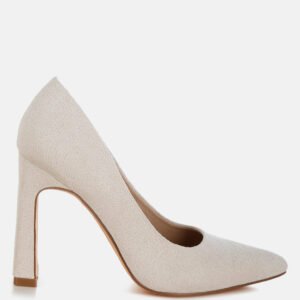 Microfiber pointed toe pumps with slim block heel in beige