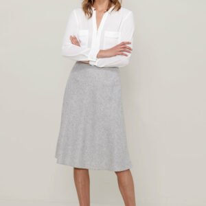 High waisted wool midi skirt in heather grey with classic A-line silhouette