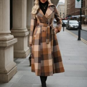 belted long coat for women in plaid khaki design