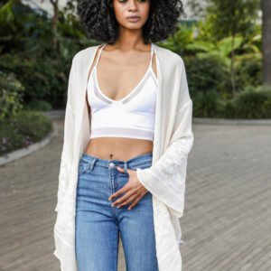embroidered floral kimono worn by model outdoors