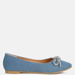 Rhinestone bow ballet flats in denim blue with pointed toe