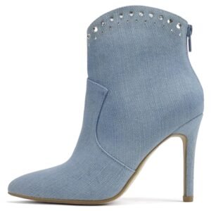 denim stiletto ankle boots in blue denim with pointed toe and high heel