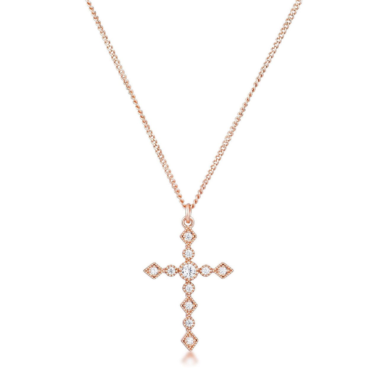 art deco rose gold cz cross necklace with cubic zirconia stones