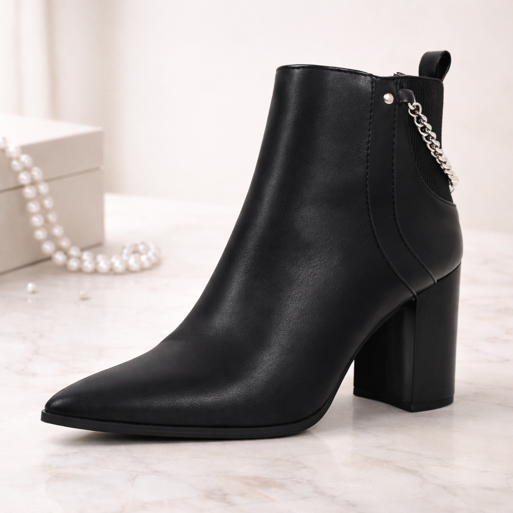 Black leather ankle boot with block heel and silver chain detail on an editorial studio background