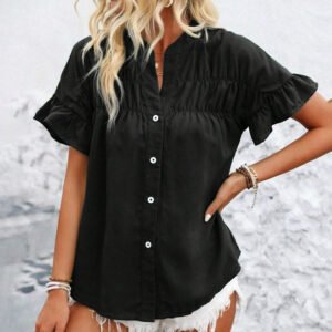 women casual blouse with lace trim and button front