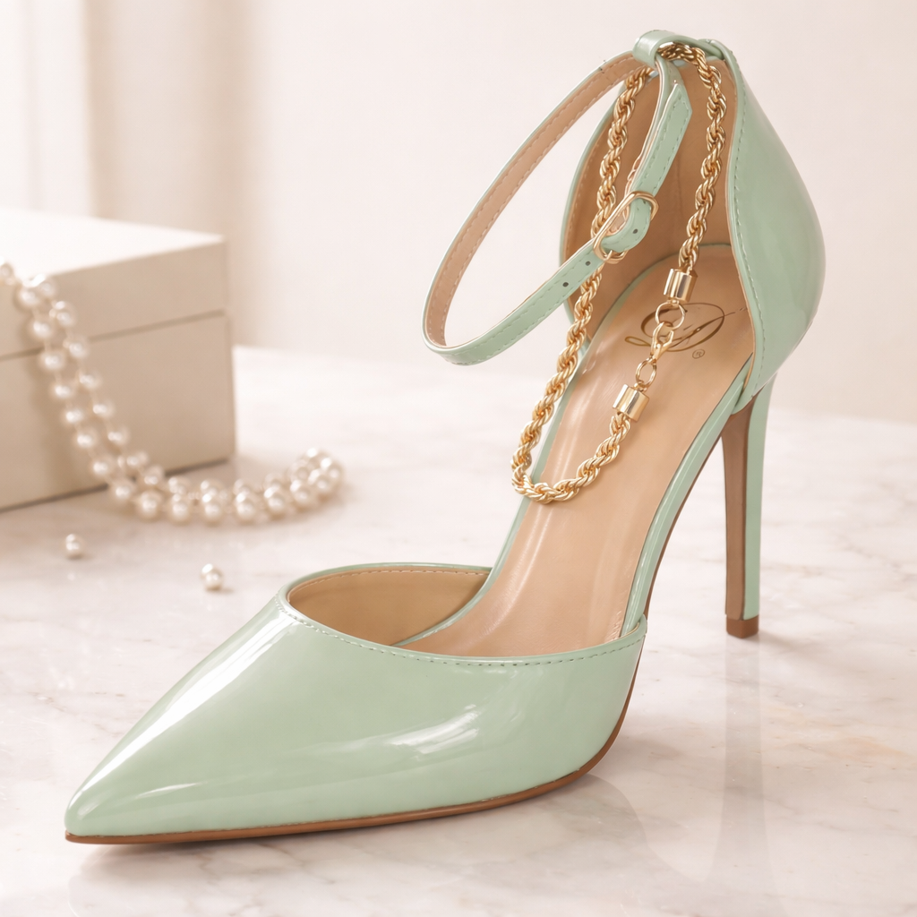 Mint green patent leather stiletto heel with gold chain ankle strap on a clean luxury studio background